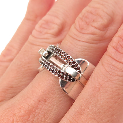 Aziz Kahili 925 Sterling Silver Vintage Real Red Garnet Modernist Ring Size 7.5