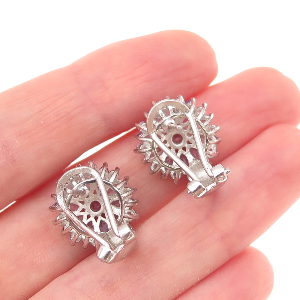 Chuck Clemency 925 Sterling Silver Real Tanzanite Floral Omega Back Earrings