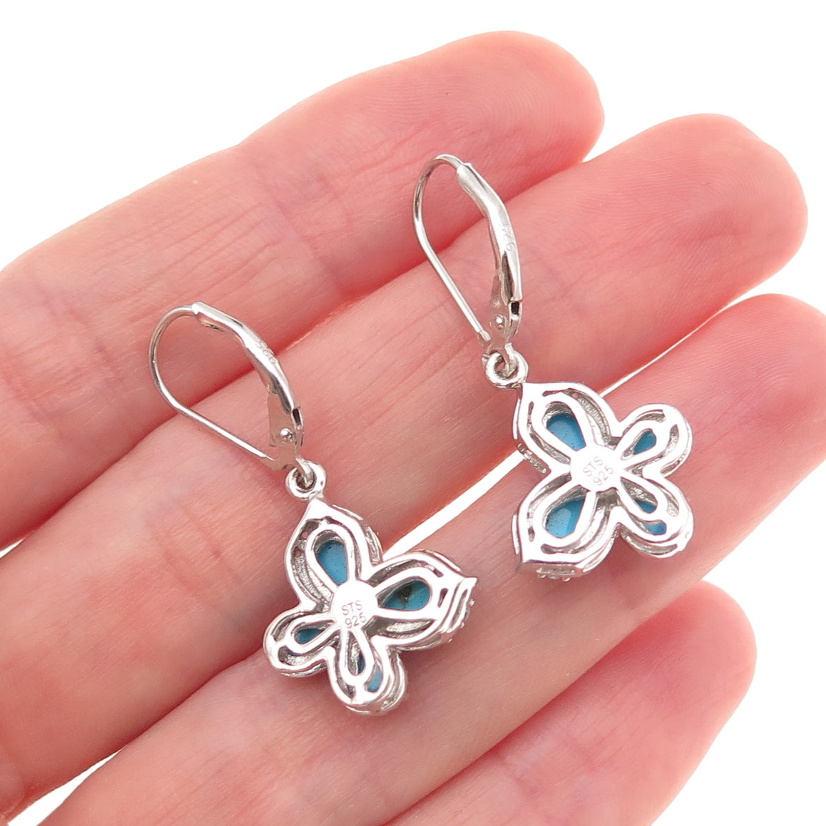 Chuck Clemency 925 Sterling Silver Real Turquoise White Topaz Butterfly Earrings