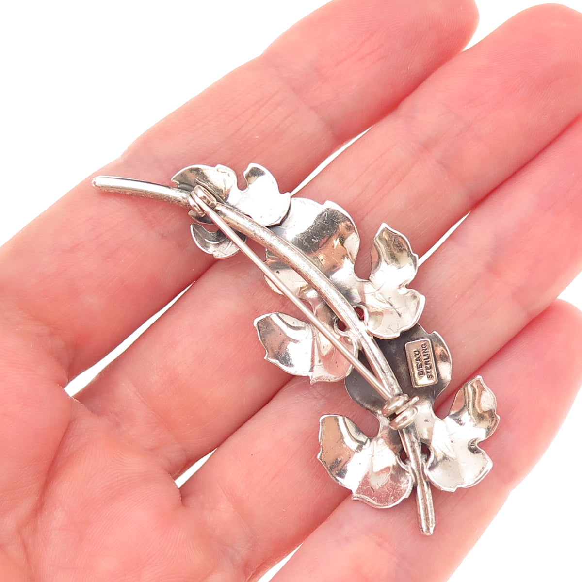 Beau 925 Sterling Silver Antique Art Deco Floral Oxidized Pin Brooch