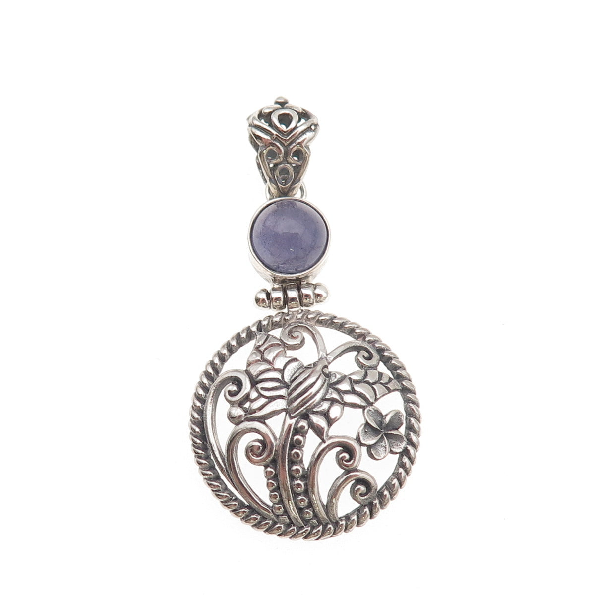 925 Sterling Silver Vintage Real Iolite Butterfly Floral Oxidized Charm Pendant