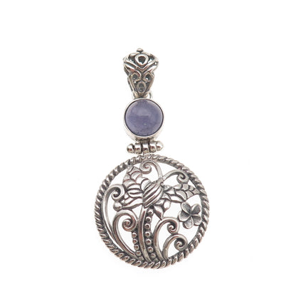 925 Sterling Silver Vintage Real Iolite Butterfly Floral Oxidized Charm Pendant
