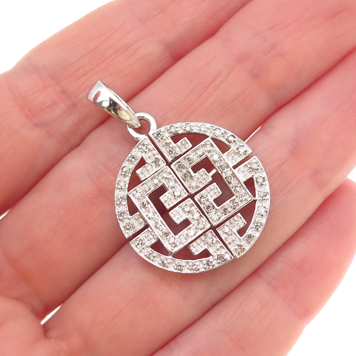 925 Sterling Silver Real Round-Cut Diamond Greek Key Charm Pendant