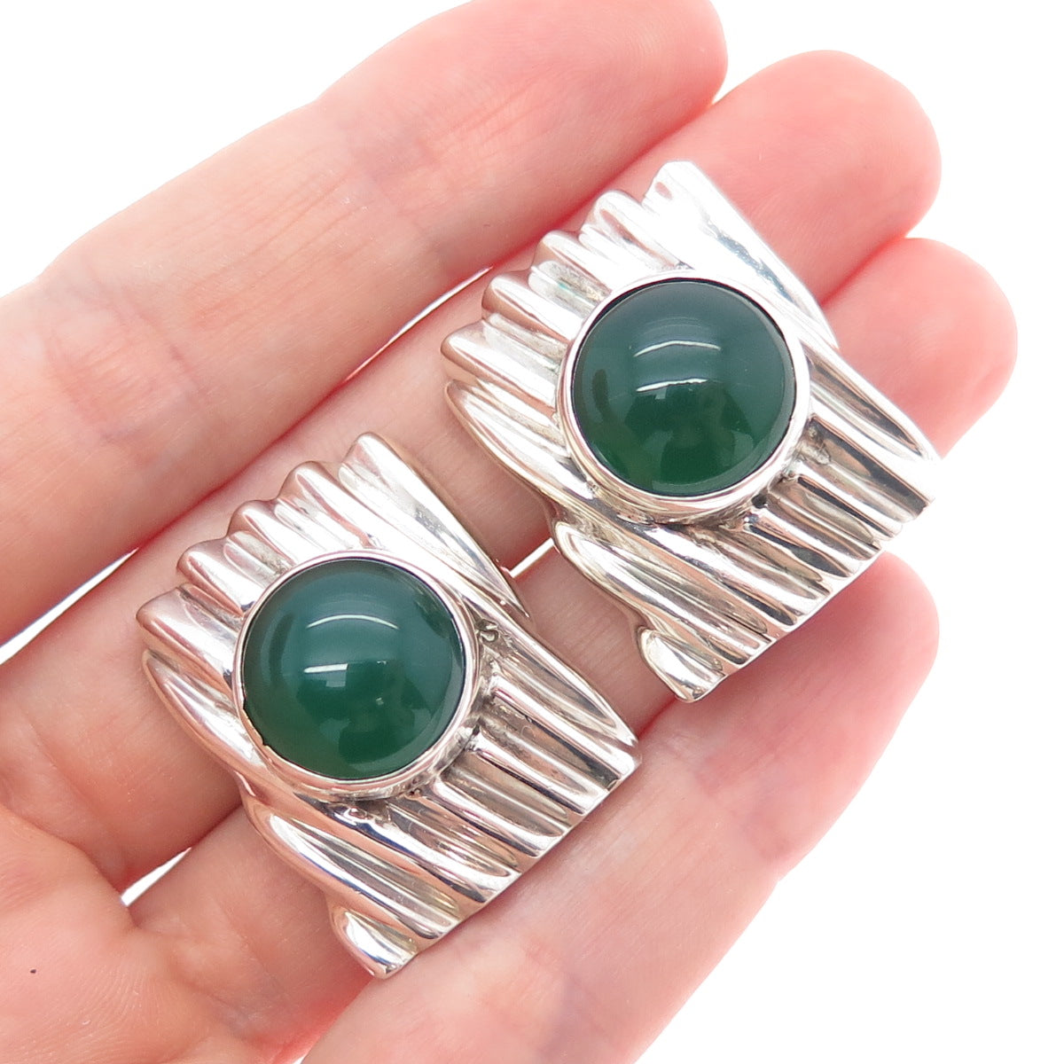 925 Sterling Silver Vintage Real Green Onyx Modernist Omega Back Earrings
