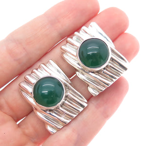 925 Sterling Silver Vintage Real Green Onyx Modernist Omega Back Earrings