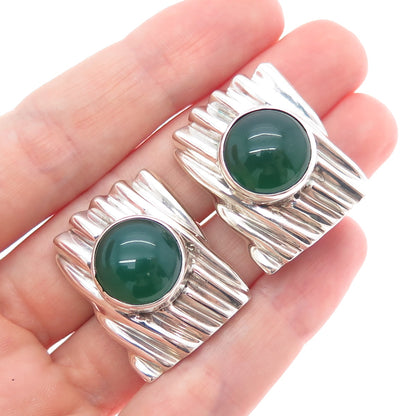 925 Sterling Silver Vintage Real Green Onyx Modernist Omega Back Earrings