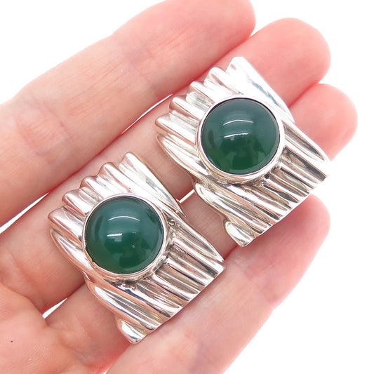 925 Sterling Silver Vintage Real Green Onyx Modernist Omega Back Earrings