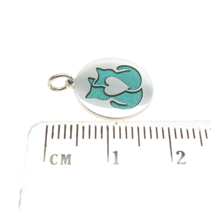 925 Sterling Silver Turquoise Enamel Cat Love Round Tag Minimalist Charm Pendant