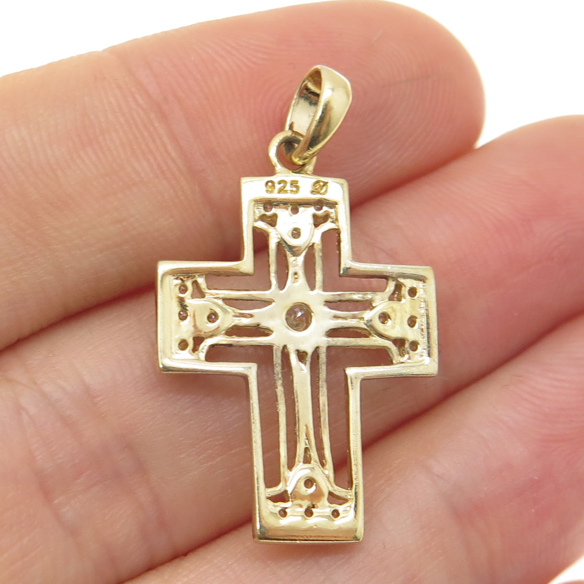 DYADEMA 925 Sterling Silver Gold Plated Round-Cut Shaped C Z Cross Pendant