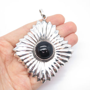 925 Sterling Silver Vintage Mexico Real Black Onyx Gem Ribbed Large Pendant