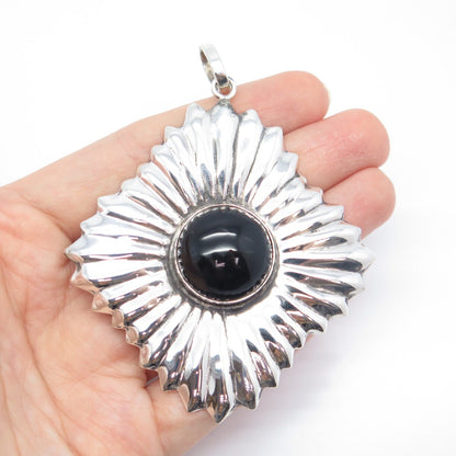 925 Sterling Silver Vintage Mexico Real Black Onyx Gem Ribbed Large Pendant