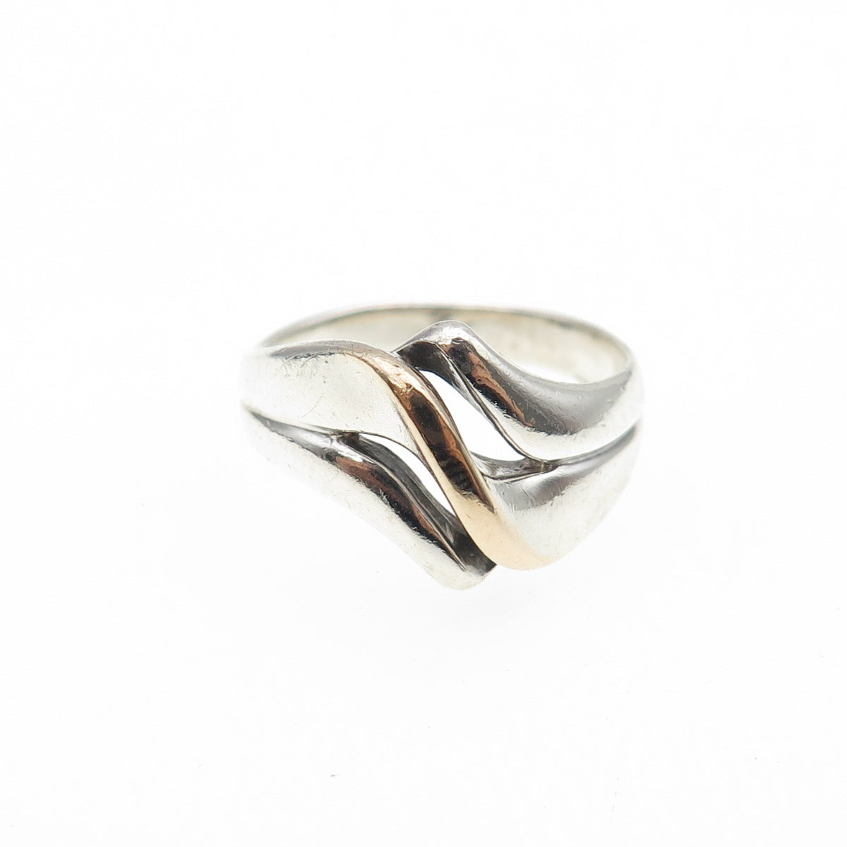 925 Sterling Silver 10K Gold Vintage Modernist Wavy Ring Size 6.75
