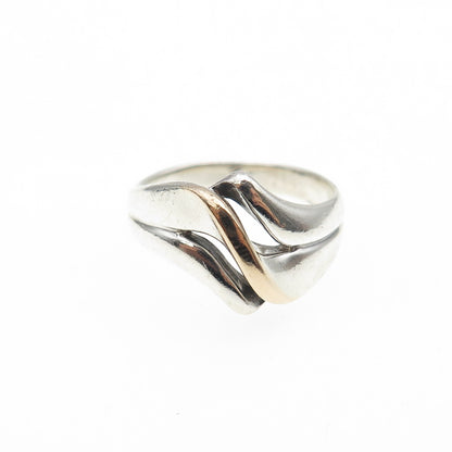 925 Sterling Silver 10K Gold Vintage Modernist Wavy Ring Size 6.75