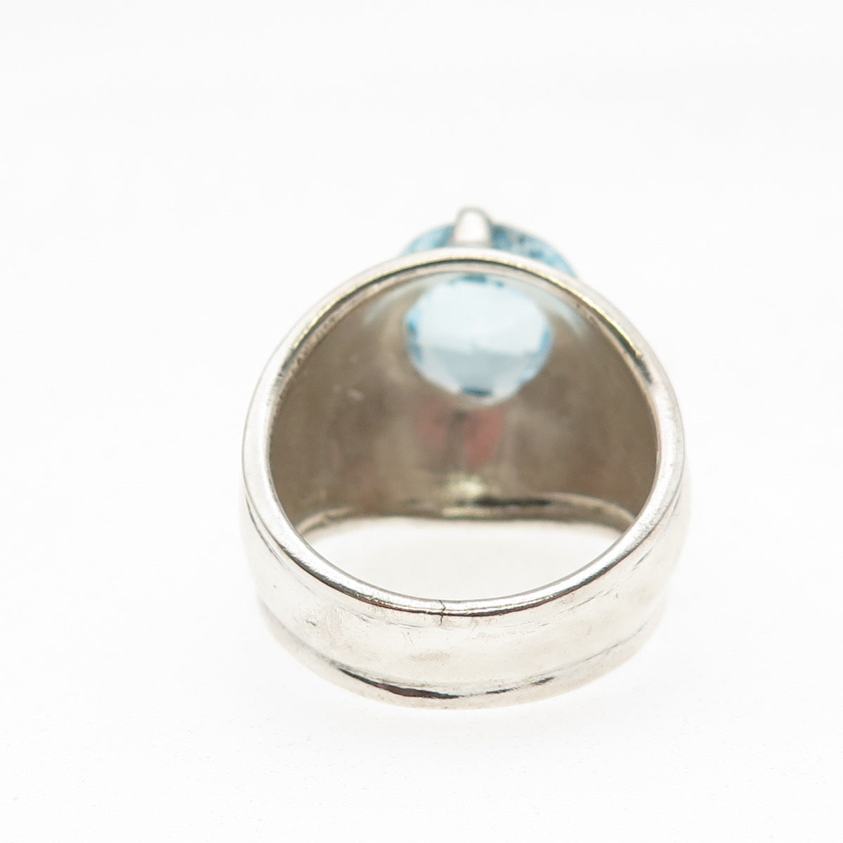 925 Sterling Silver Vintage Real Round-Cut Blue Topaz Modernist Ring Size 8
