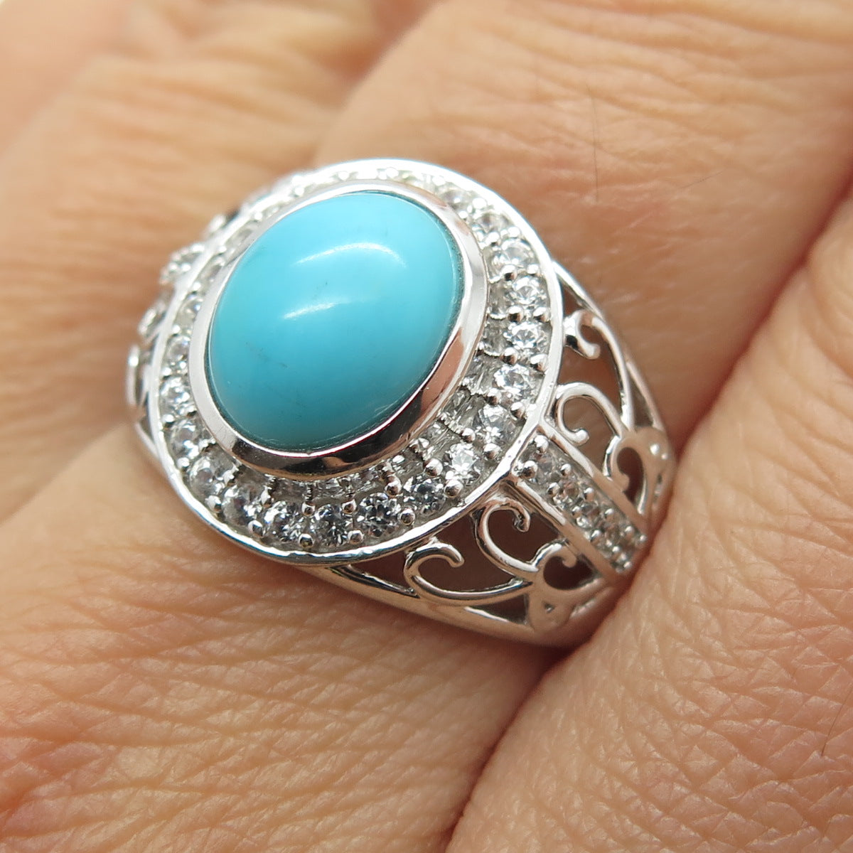 925 Sterling Silver Real Round-Cut White Topaz & Turquoise Swirl Ring Size 8