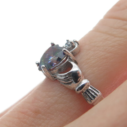 925 Sterling Silver Heart-Cut Mystic Quartz & C Z Irish Claddagh Ring Size 6