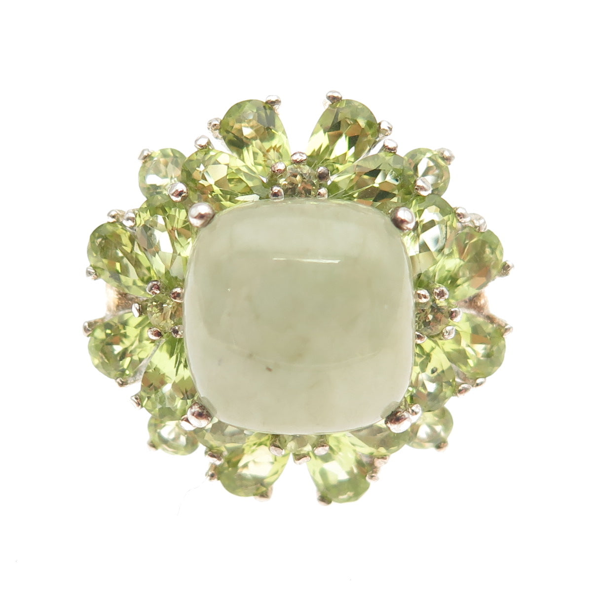 925 Sterling Silver Real Jade & Peridot Cluster Ring Size 8.25