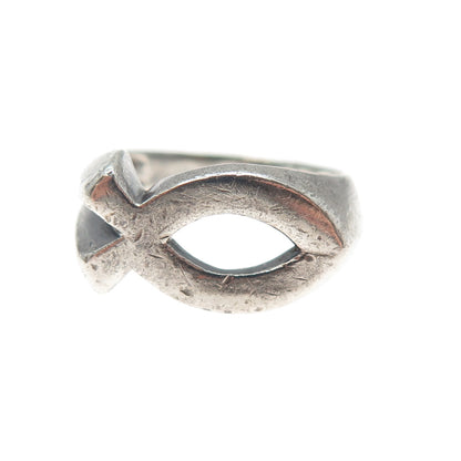 925 Sterling Silver Vintage Ichthys Religious Oxidized Ring Size 7.5