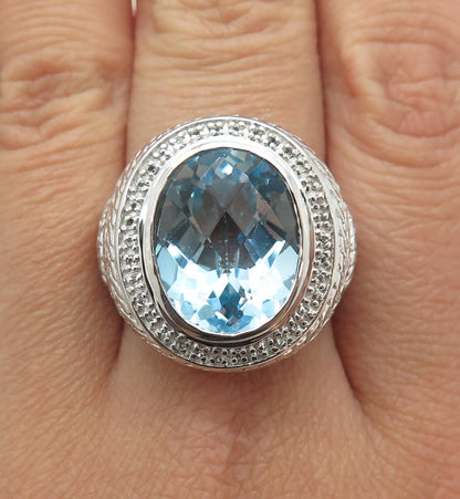 925 Sterling Silver Real Round-Cut White & Oval-Cut Blue Topaz Ring Size 7
