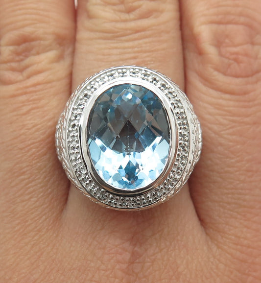 925 Sterling Silver Real Round-Cut White & Oval-Cut Blue Topaz Ring Size 7