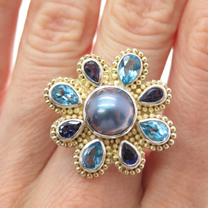 925 Sterling Vintage Real Pearl Topaz & Tanzanite Flower Adjustable Ring Size 7