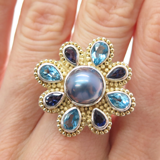 925 Sterling Vintage Real Pearl Topaz & Tanzanite Flower Adjustable Ring Size 7