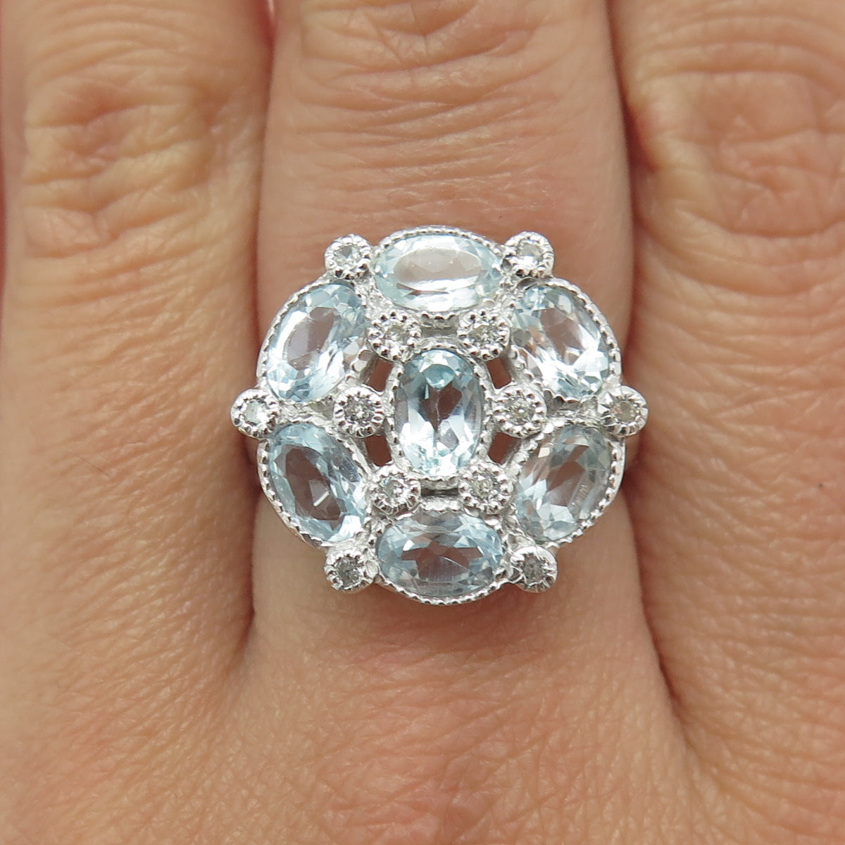 925 Sterling Silver Real Oval-Cut Blue & White Topaz Gemstone Ring Size 6.75