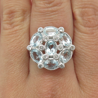 925 Sterling Silver Real Oval-Cut Blue & White Topaz Gemstone Ring Size 6.75