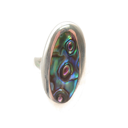 925 Sterling Silver Vintage Real Abalone Shell Modernist Ring Size 7