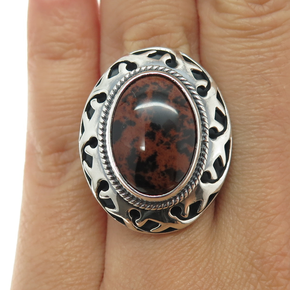 925 Sterling Silver Vintage CII Mexico Mahogany Obsidian Jasper Ring Size 6.5