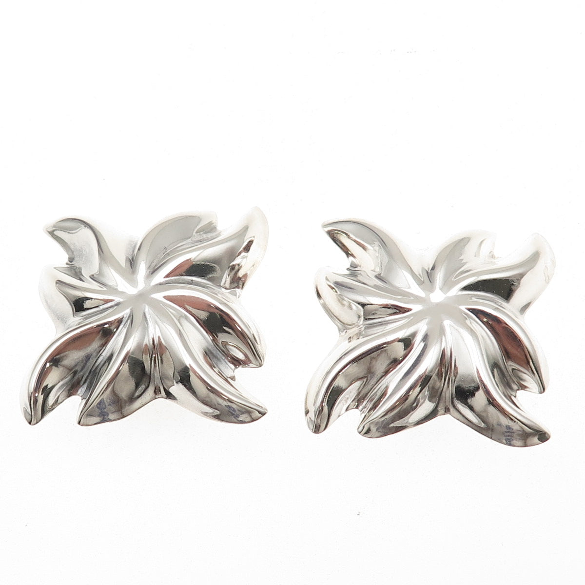 925 Sterling Silver Vintage Mexico Modernist Floral Oxidized Clip On Earrings