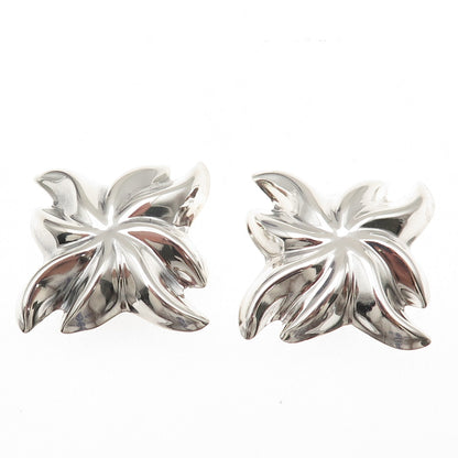 925 Sterling Silver Vintage Mexico Modernist Floral Oxidized Clip On Earrings