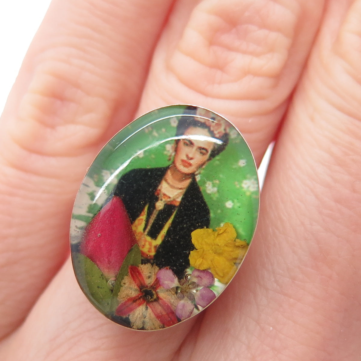925 Sterling Silver Vintage Enamel Frida Kahlo Pressed Flowers Ring Size 6