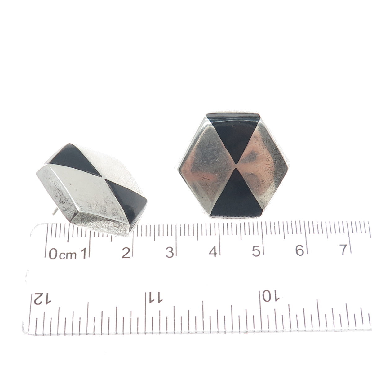 925 Sterling Silver Vintage Mexico Real Black Onyx Geometric Earrings