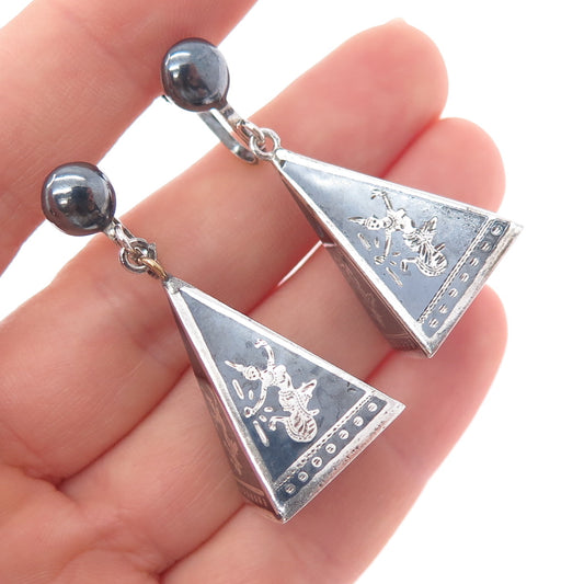 925 Sterling Silver Antique Siam Niello Hindu Goddess Screw Back Dangle Earrings