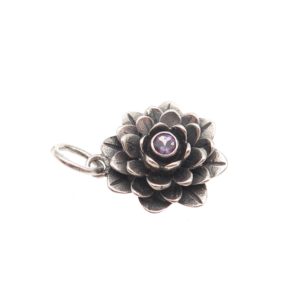 925 Sterling Silver Vintage Real Amethyst Flower Oxidized Mini Charm Pendant