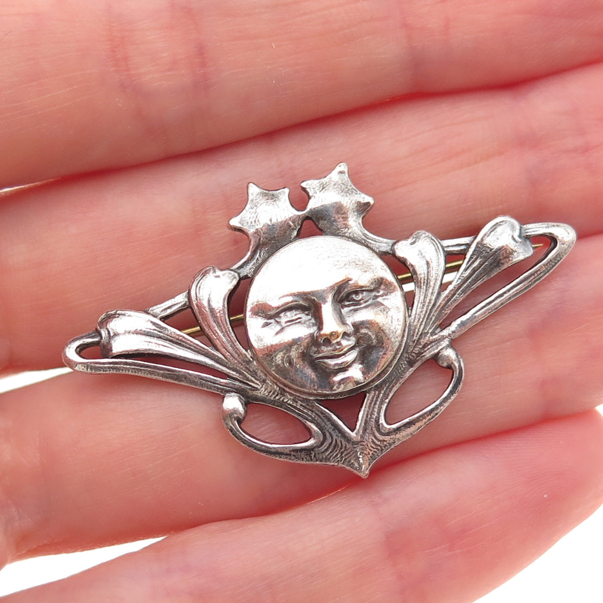 925 Sterling Silver Vintage Moon Face Oxidized Pin Brooch