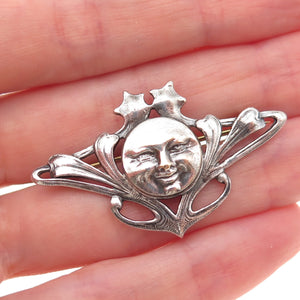 925 Sterling Silver Vintage Moon Face Oxidized Pin Brooch