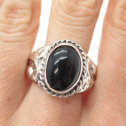 925 Sterling Silver Vintage Real Black Onyx Modernist Ring Size 12.75