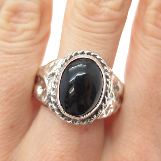 925 Sterling Silver Vintage Real Black Onyx Modernist Ring Size 12.75