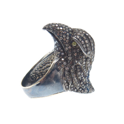 925 Sterling Silver Black Rhodium & 14K Gold Real Diamond Eagle Ring Size 8