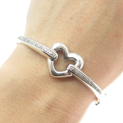 925 Sterling Silver Real Round-Cut Diamond Heart Bangle Bracelet 7.25"