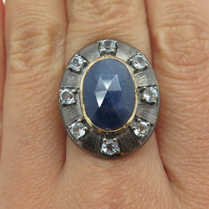 DSMK 925 Sterling Silver Gold Plated Real Sapphire Topaz Oxidized Ring Size 7.25