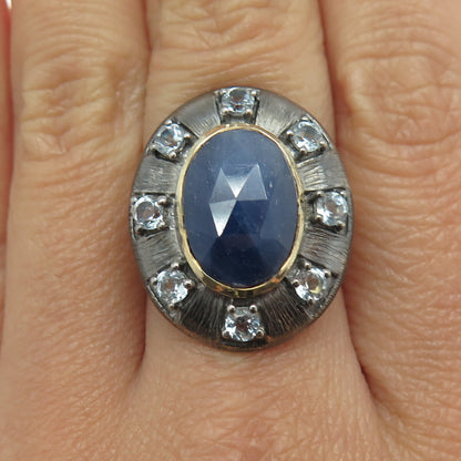 DSMK 925 Sterling Silver Gold Plated Real Sapphire Topaz Oxidized Ring Size 7.25