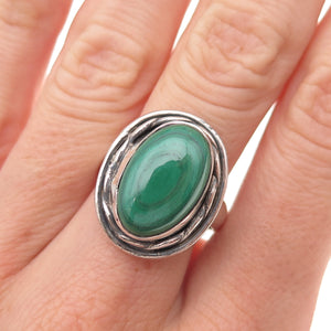 925 Sterling Silver Vintage Real Malachite Modernist Oxidized Ring Size 7.75