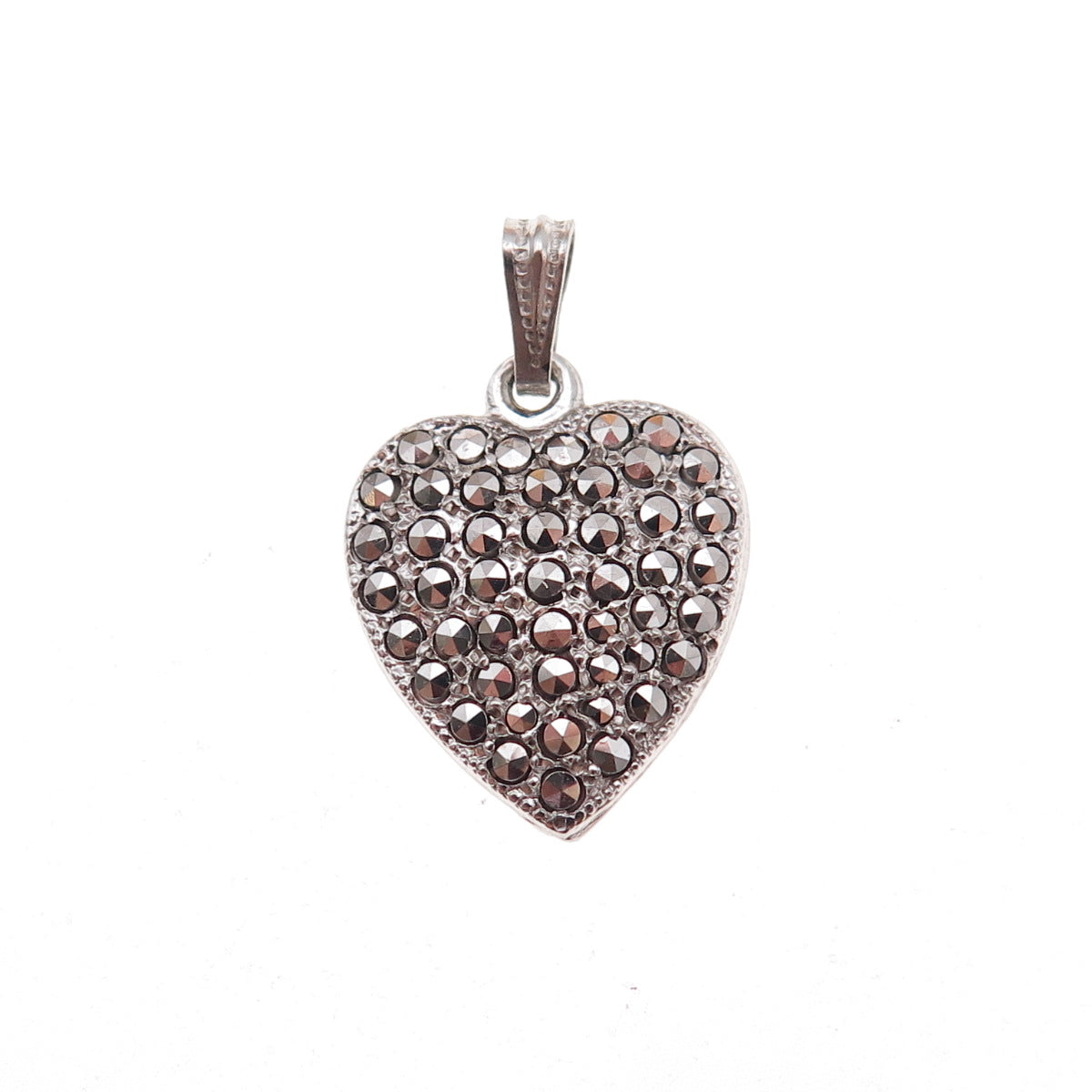 925 Sterling Silver Antique Art Deco Real Marcasite Heart Charm Pendant