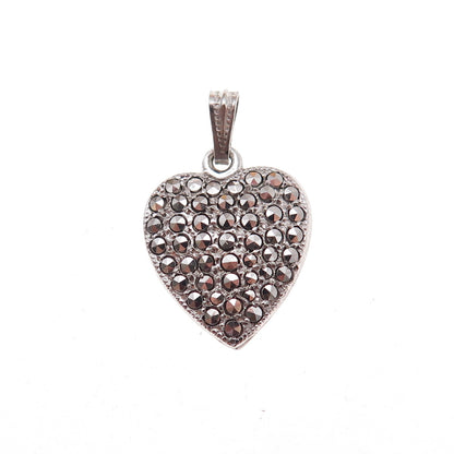 925 Sterling Silver Antique Art Deco Real Marcasite Heart Charm Pendant