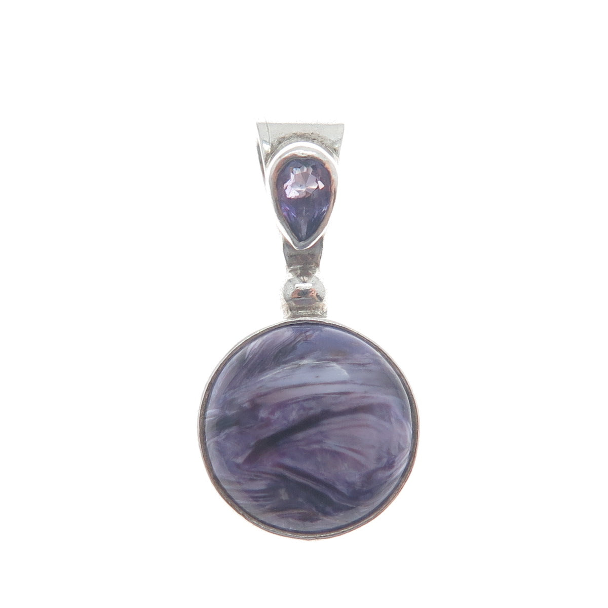 SAJEN 925 Sterling Silver Vintage Charoite & Amethyst Minimalist Charm Pendant