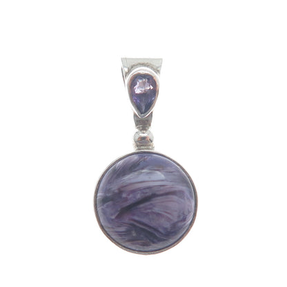 SAJEN 925 Sterling Silver Vintage Charoite & Amethyst Minimalist Charm Pendant