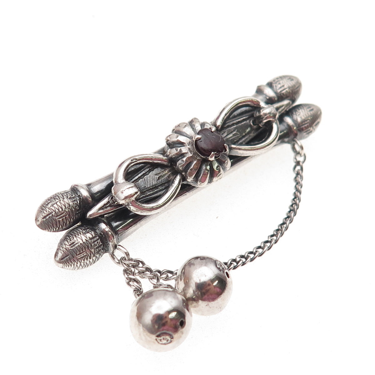 84 Silver Antique Real Red Garnet Oxidized Pin Brooch
